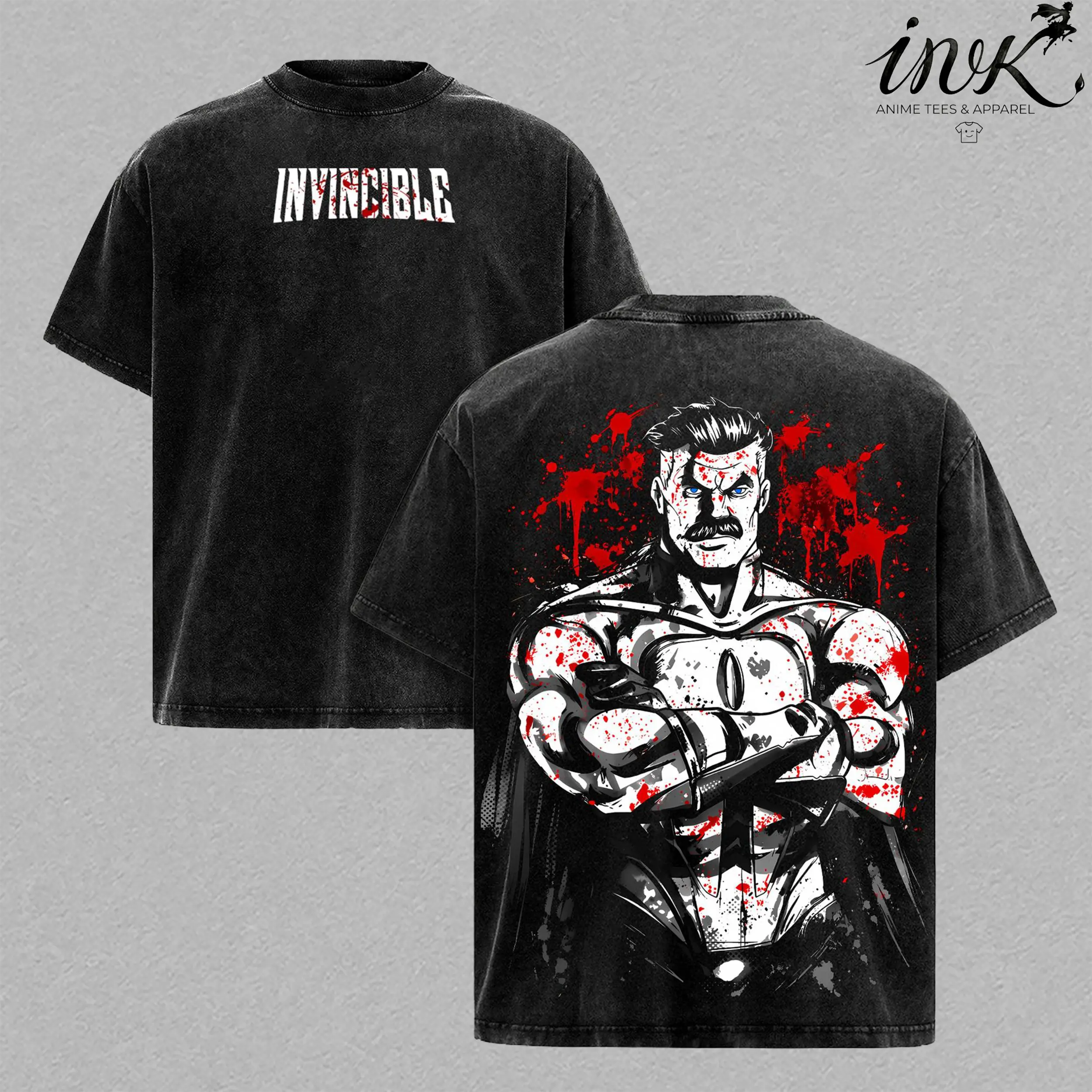 Omni-Man Washed Tee – Invincible Viltrumite Warrior Anime Graphic Double Printed T-Shirt, Menswear Heavy Cotton Unisex Oversize Streetwear Vintage Retro