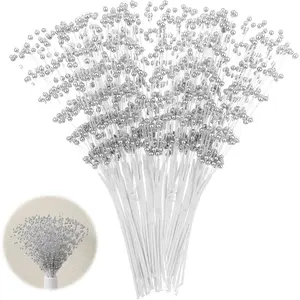 50Pcs 4mm Pearl Floral Picks Silver Flower Stems Bead String Garland Filler for Floral Arrangements Wedding Party Christmas Tree Decorations
