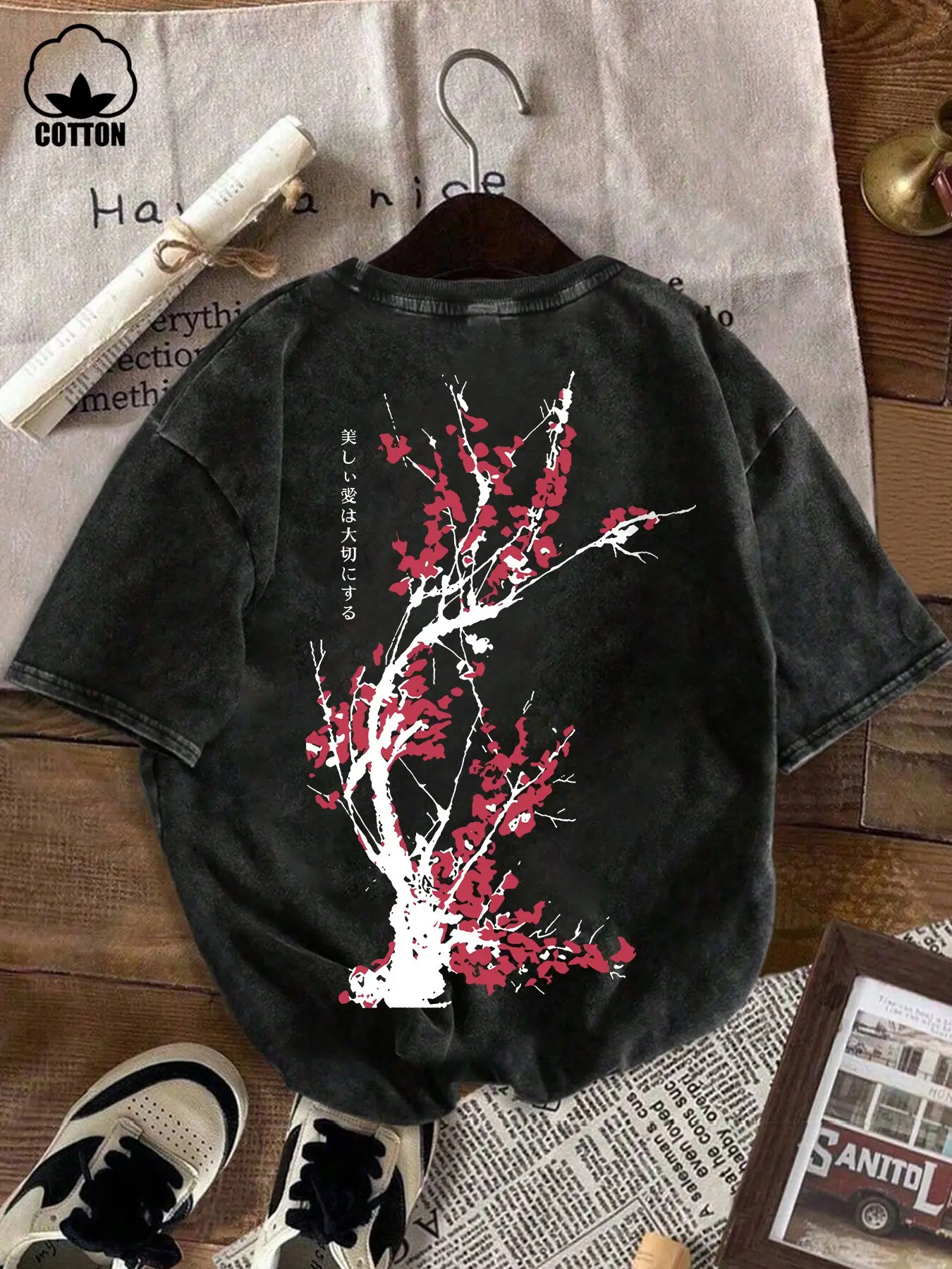 Men's Pure Cotton Oversized Sakura Japanese Print T-Shirt, Vintage Washed Short Sleeve, Oriental Street Style Cultural, Summer