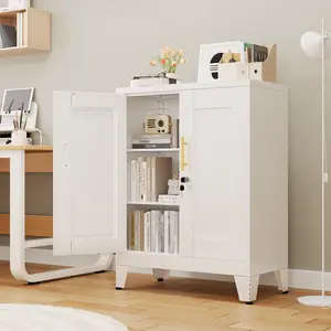 35.83" Metal Bathroom Floor Cabinet, Storage Cabinet with 2 Doors and 2 Adjustable Shelves, White Kitchen Pantry Cabinet, Freestanding Hutch Cupboard for Kitchen/Laundry/Living Room/Bedroom