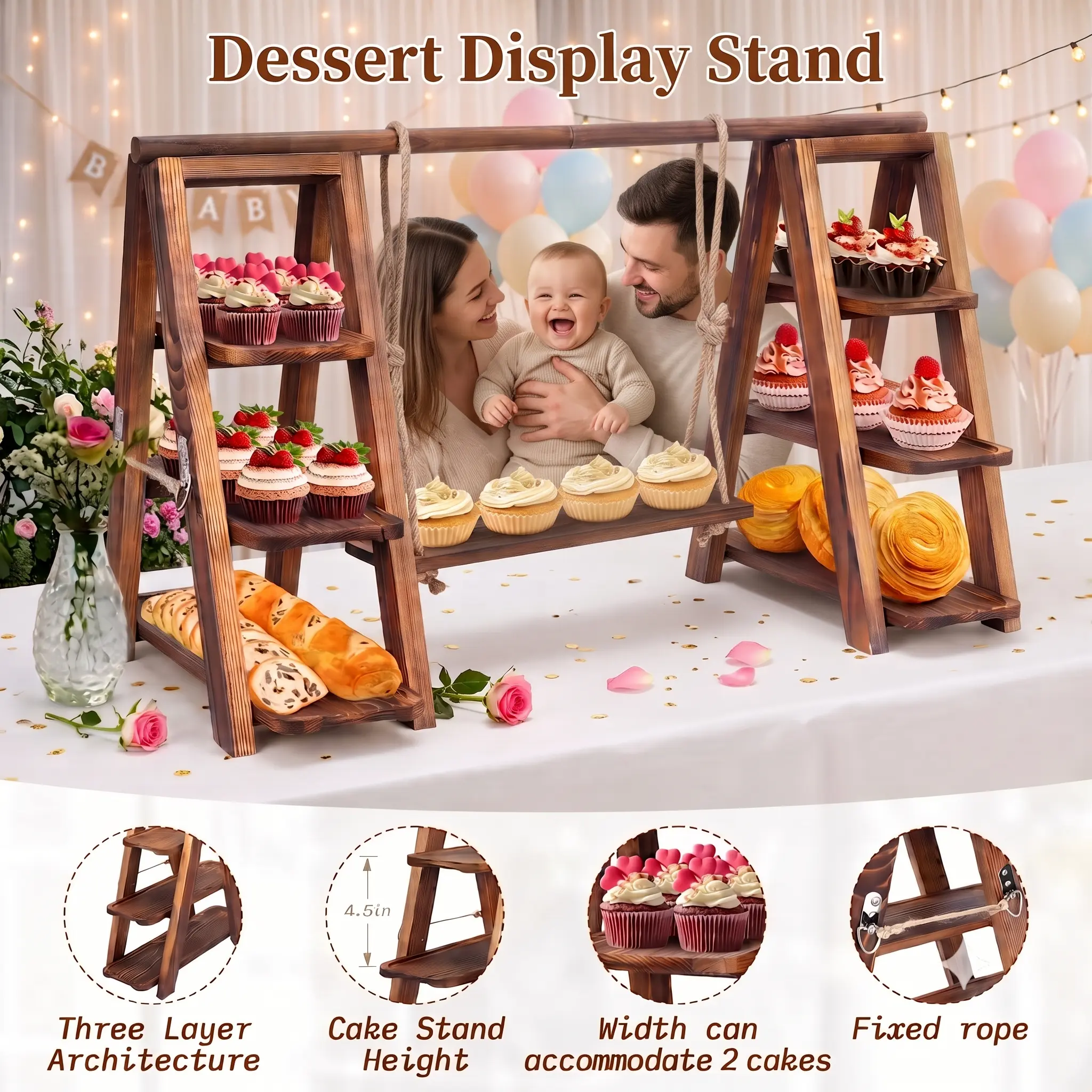 Wooden 3-Tier Serving Tray - Farmhouse Romance Decor Cake Stand, Bread Basket, Ornaments for Wedding, Party Charcuterie Displays (Cake Stands for Party), Smooth, Birthday Cake Celebration