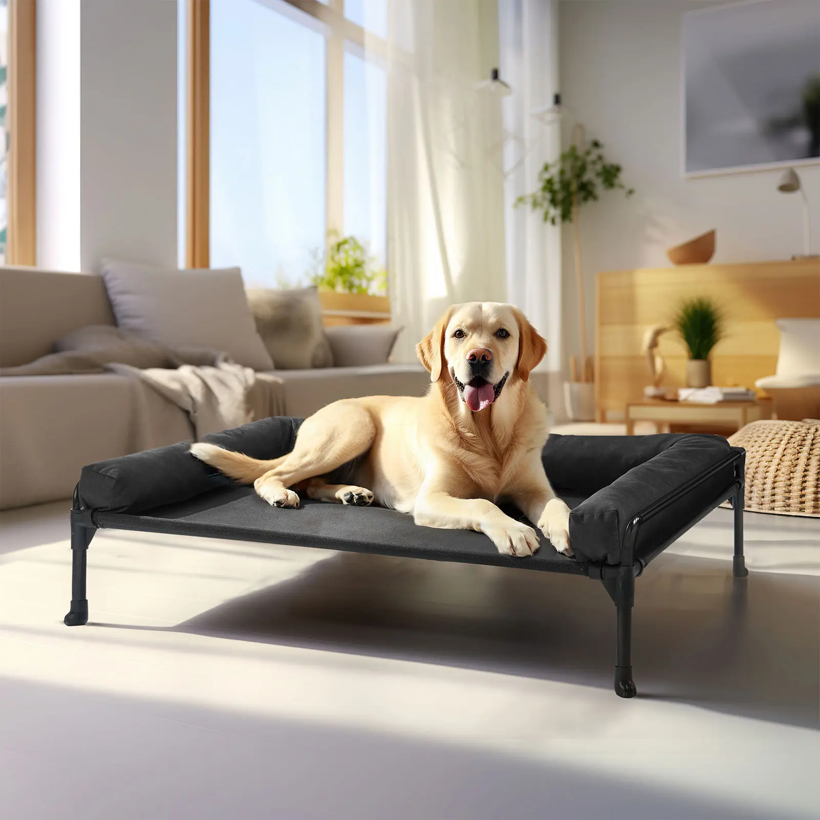 Veehoo Oxford Steel Coated Metal Elevated Dog Bed - Cooling Airflow Outdoor Cot for Large Pets with 3-Sided Bolster, Removable Mesh (Washes Easy), No-Slip Rubber Feet