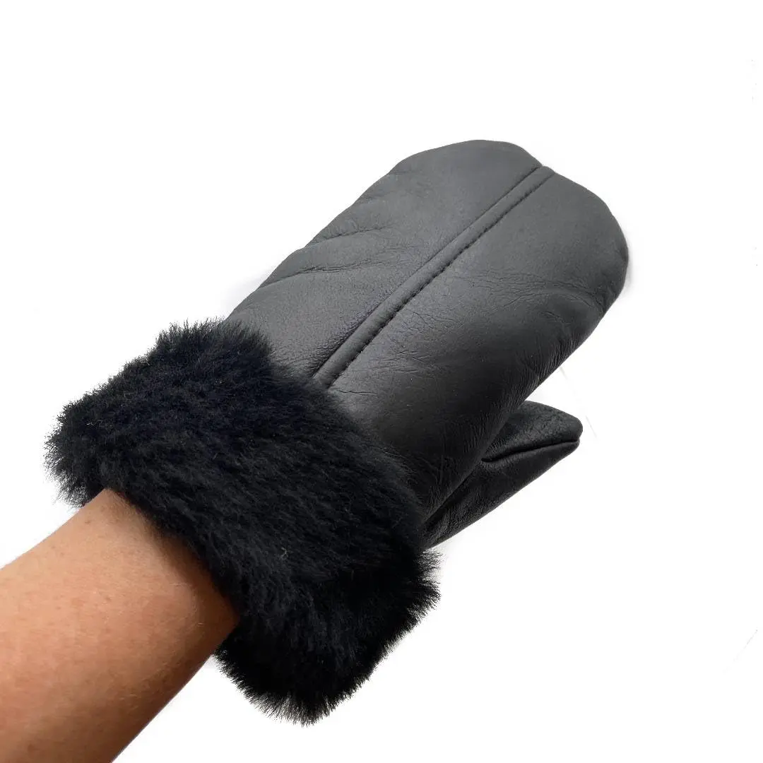 Unisex Handmade Black Shearling Sheepskin Leather Fur Mittens - Super Soft, Lightweight, Keep Warm, Gift-Ready Fashion Gloves