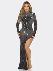 Gorgeous Long Sleeve High Slit Dress, Sparkling Rhinestone Embellished Evening Dress for Parties and Galas