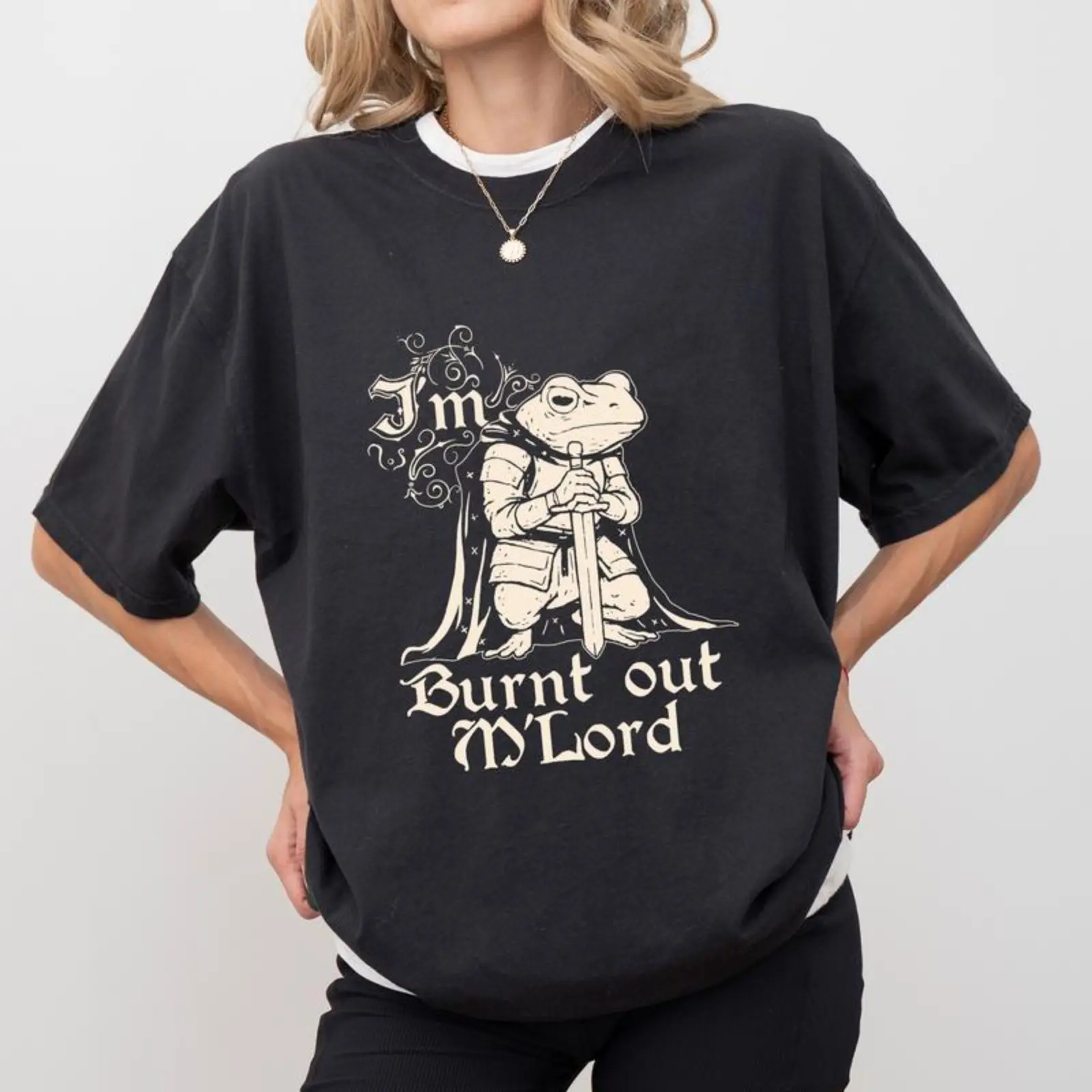 Gothic I'm Burnt Out M'Lord  Shirt, Knight Frog T-shirt, Frog With Sword Graphic Tee, Fantasy Clothing, Chaotic Nerd Outfits