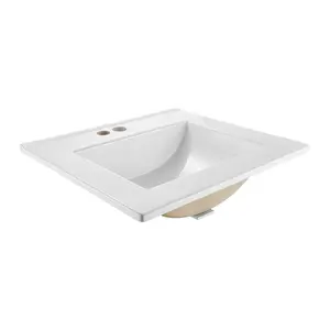 Semi Recessed Bathroom Sink 20.08 x 18.31 Inch Rectangular White Ceramic Vessel Sink with Overflow and 3 Faucet Holes, Drop-In Modern Lavatory Vanity Bath Wash Basin for Small Spaces