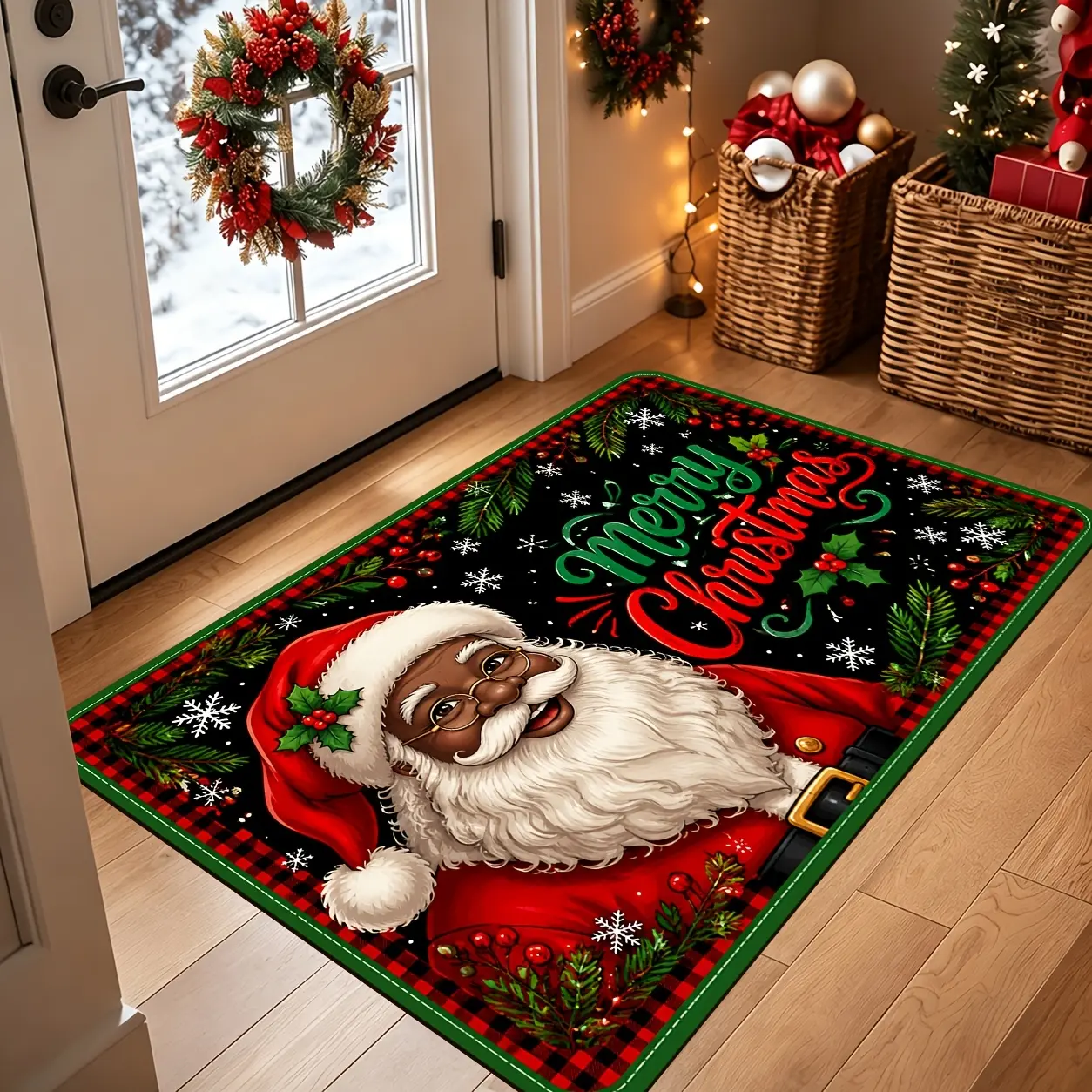 Multicoloured Doormats - Black Santa Christmas Small Rug, African American Cultural Holiday Rug, Indoor Front Door Mat, Thoughtful Winter Home Gift