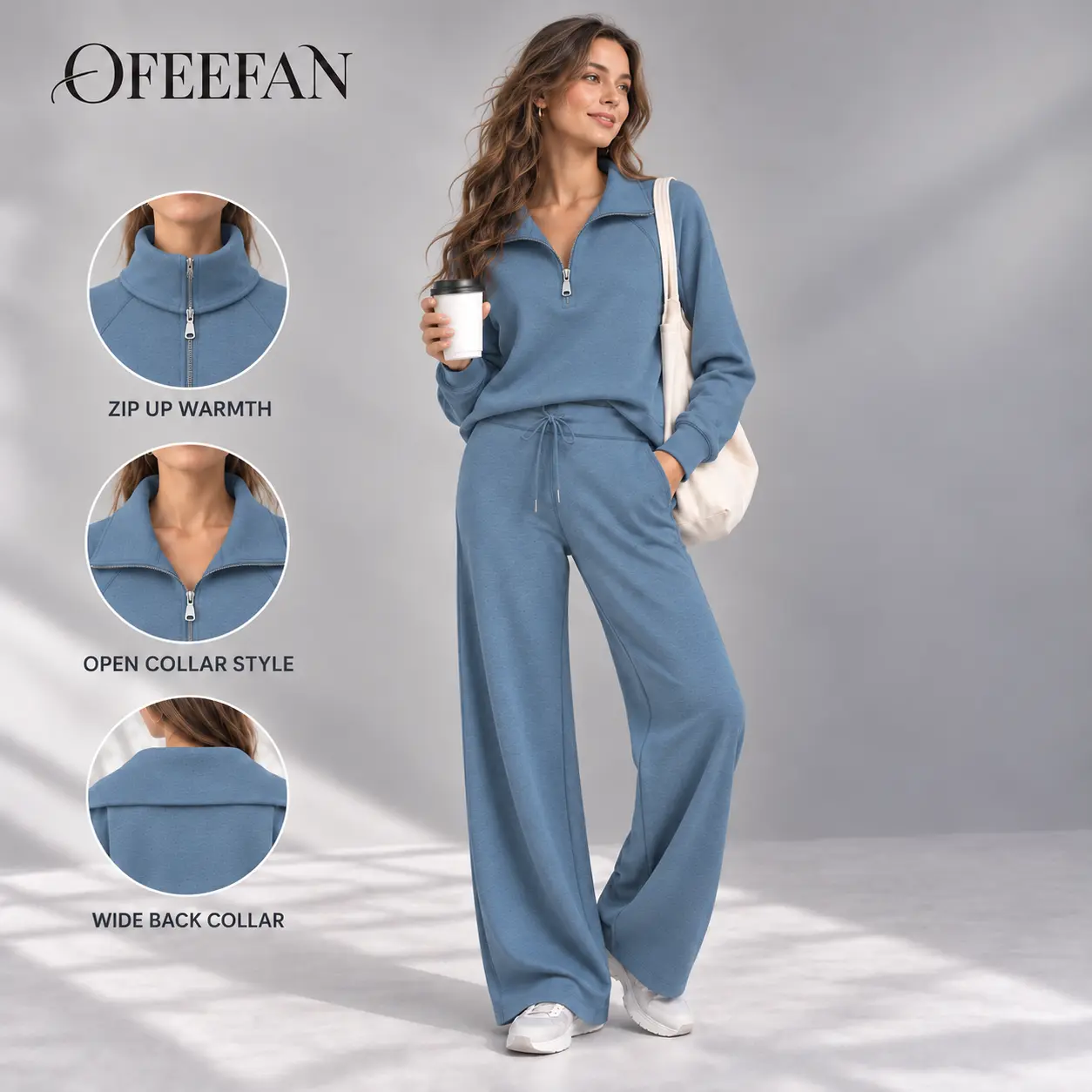OFEEFAN Womenswear Lounge Sets For Women 2026 Half Zip Sweatshirt And Wide Leg Sweatpant 2 Piece Outfits Sweatsuit Tracksuit Fashion Enthusiast  Casual Outing Clothes