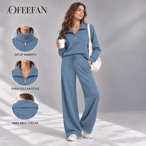 OFEEFAN Womenswear Lounge Sets For Women 2026 Half Zip Sweatshirt And Wide Leg Sweatpant 2 Piece Outfits Sweatsuit Tracksuit Fashion Enthusiast  Casual Outing Clothes
