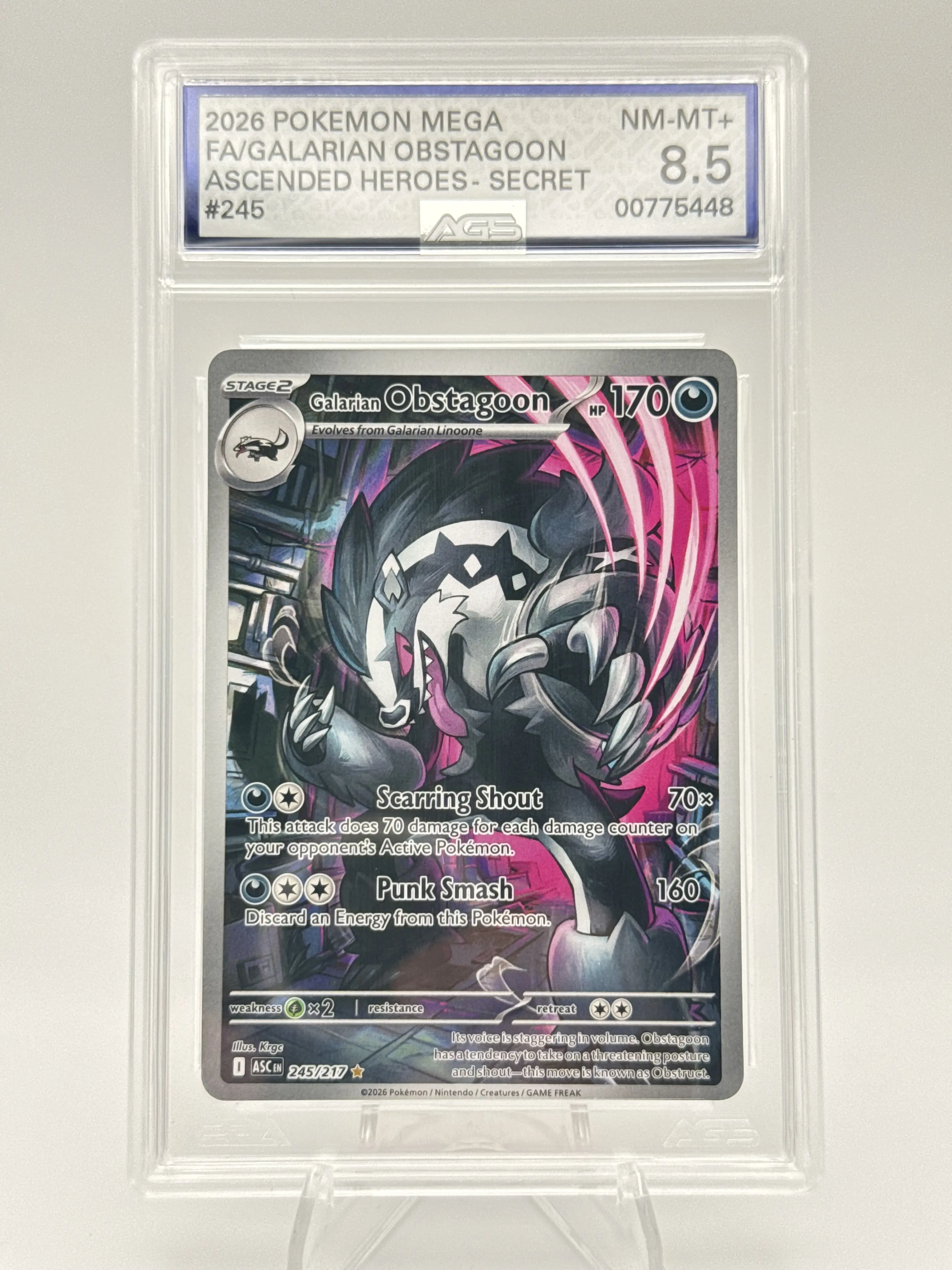 Graded AGS 8.5 Galarian Obstagoon 2026 Ascended Heroes 245 Holographic Pokemon Card