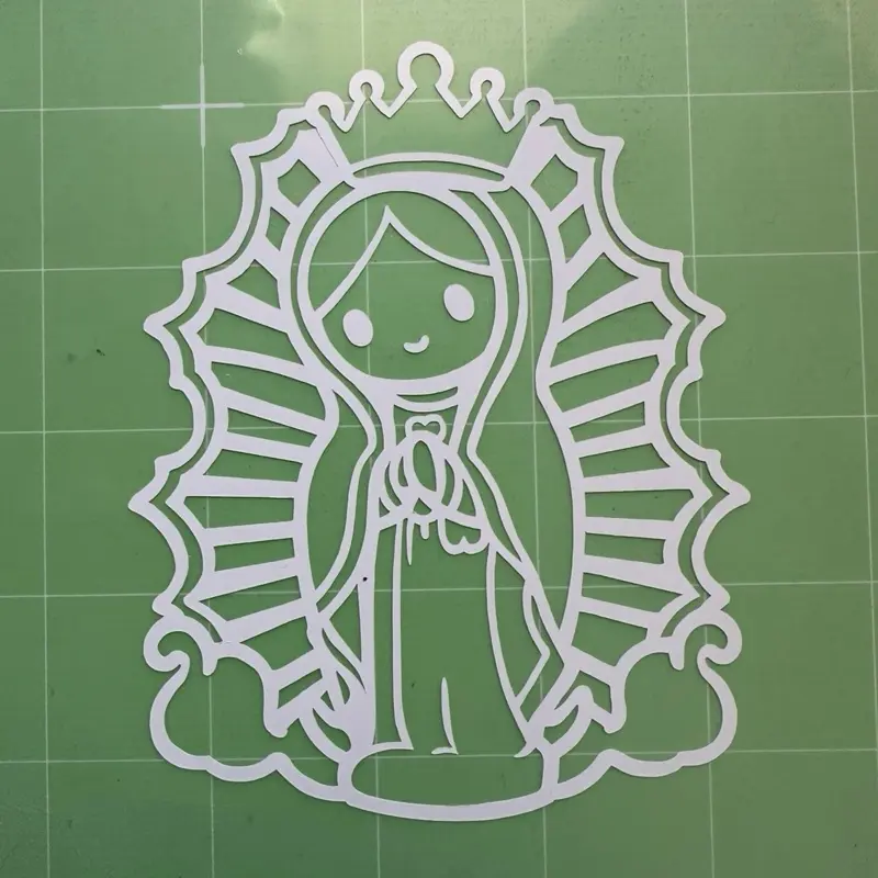 Virgencita de Guadalupe decal measuring 3.87in wide and 4.75 inches tall