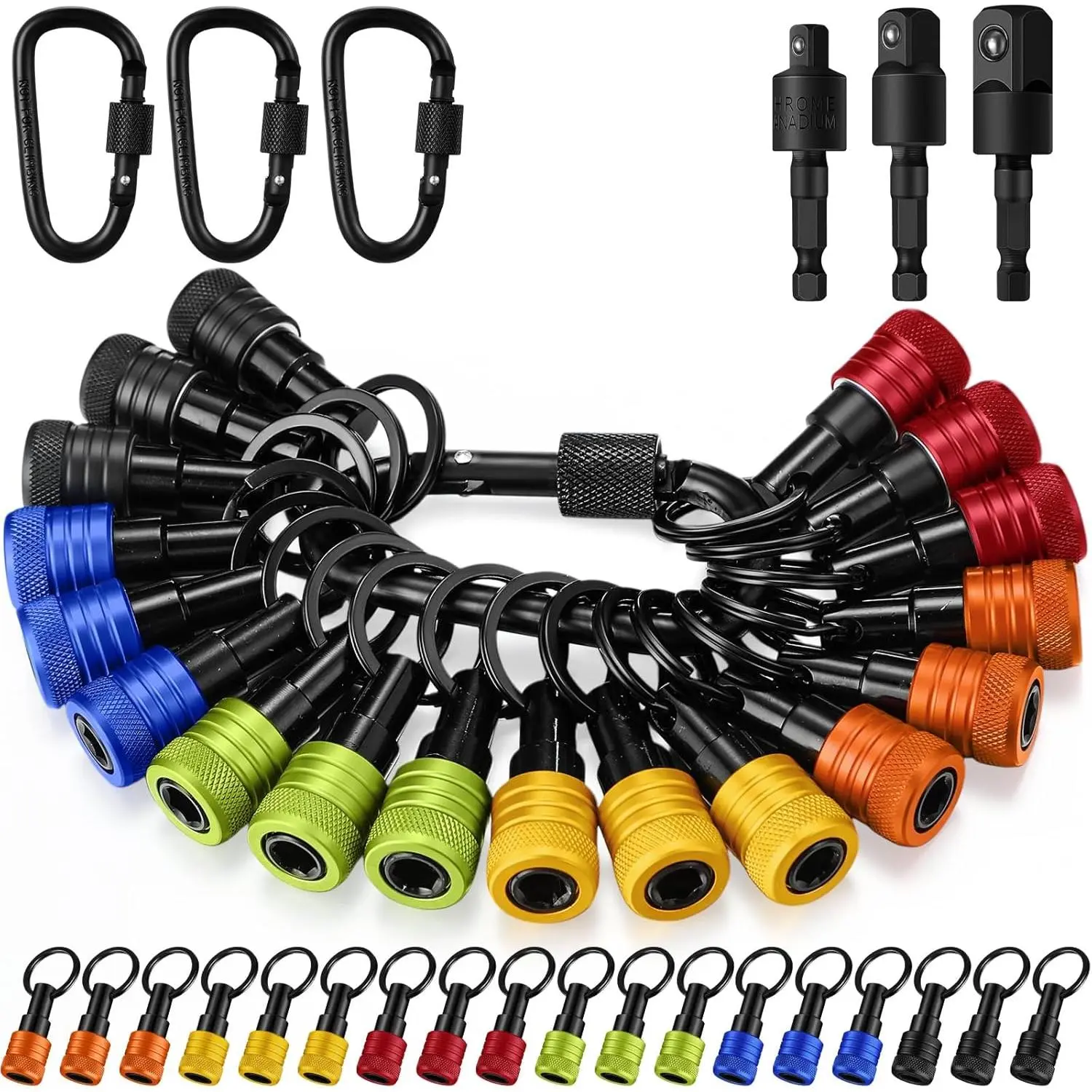 18 count Bit Holder Keychains, 3 count 1/4 3/8 1/2" Socket Drill Nut Bit Holders Portable Hex Shank Screwdrivers Adapters and Locks 24 Gadgets for Tools Improvement Men Workers Gifts(Multicolor)