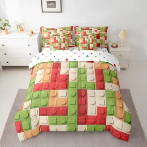 Building Block Print 7 Piece Bedding Set,Brick Styles Comforter Set with Sheets,Colorful Gaming Bed in A Bag,Green Red Yellow