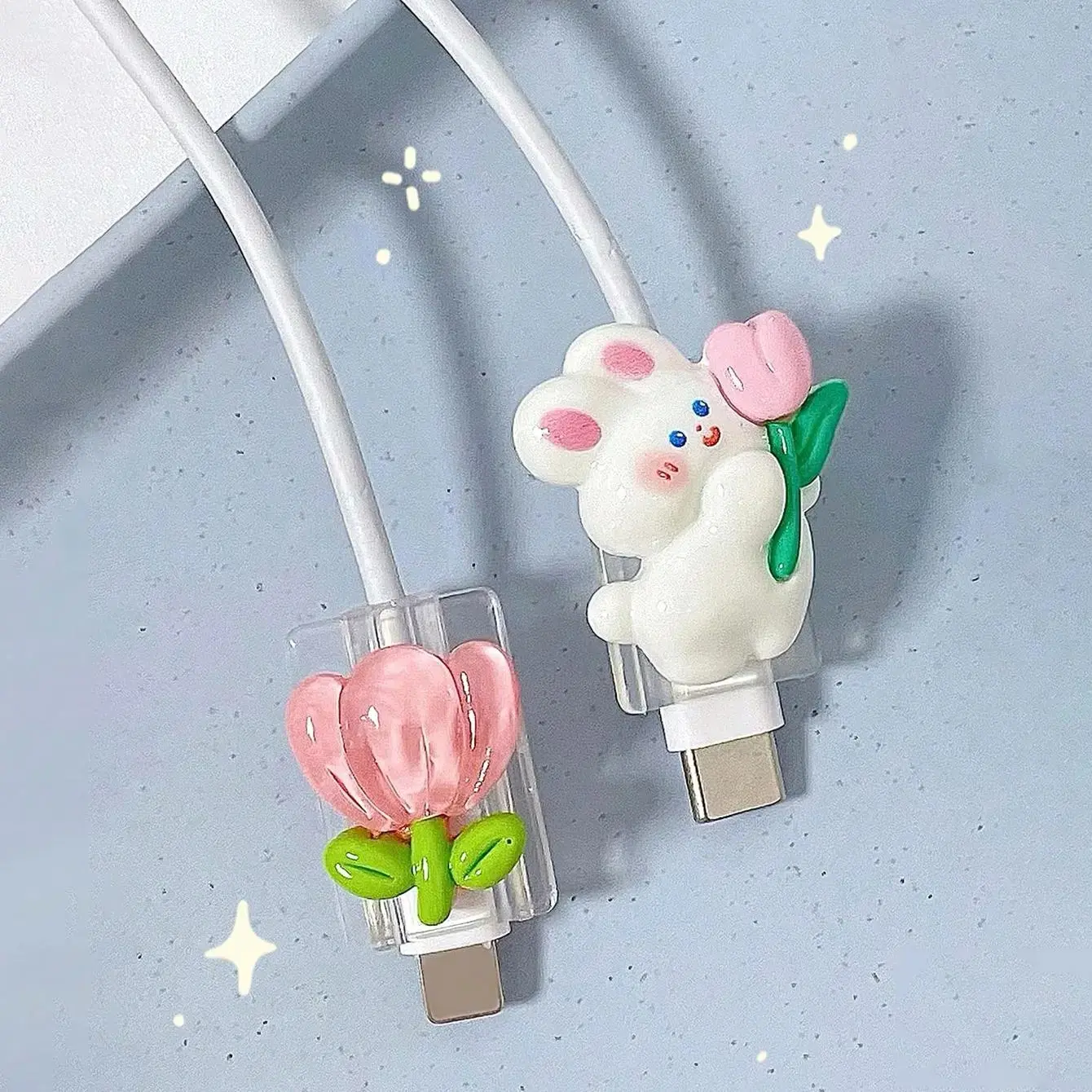 Cute Rabbit & Flower Cable Protector for iPhone, Android, Smartphone, Cellphone & Mobile, Cartoon Anti-Break Charging Data Cord Cover, Durable Travel & Daily Use Outdoor Leisure Accessory