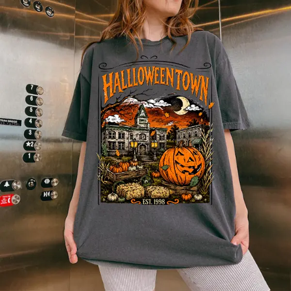 Comfort Colors Vintage Halloween Town Shirt, Pumpkin Village Shirt, Haunted Pumpkin Scene, Retro Spooky Season, Fall Halloween Graphic