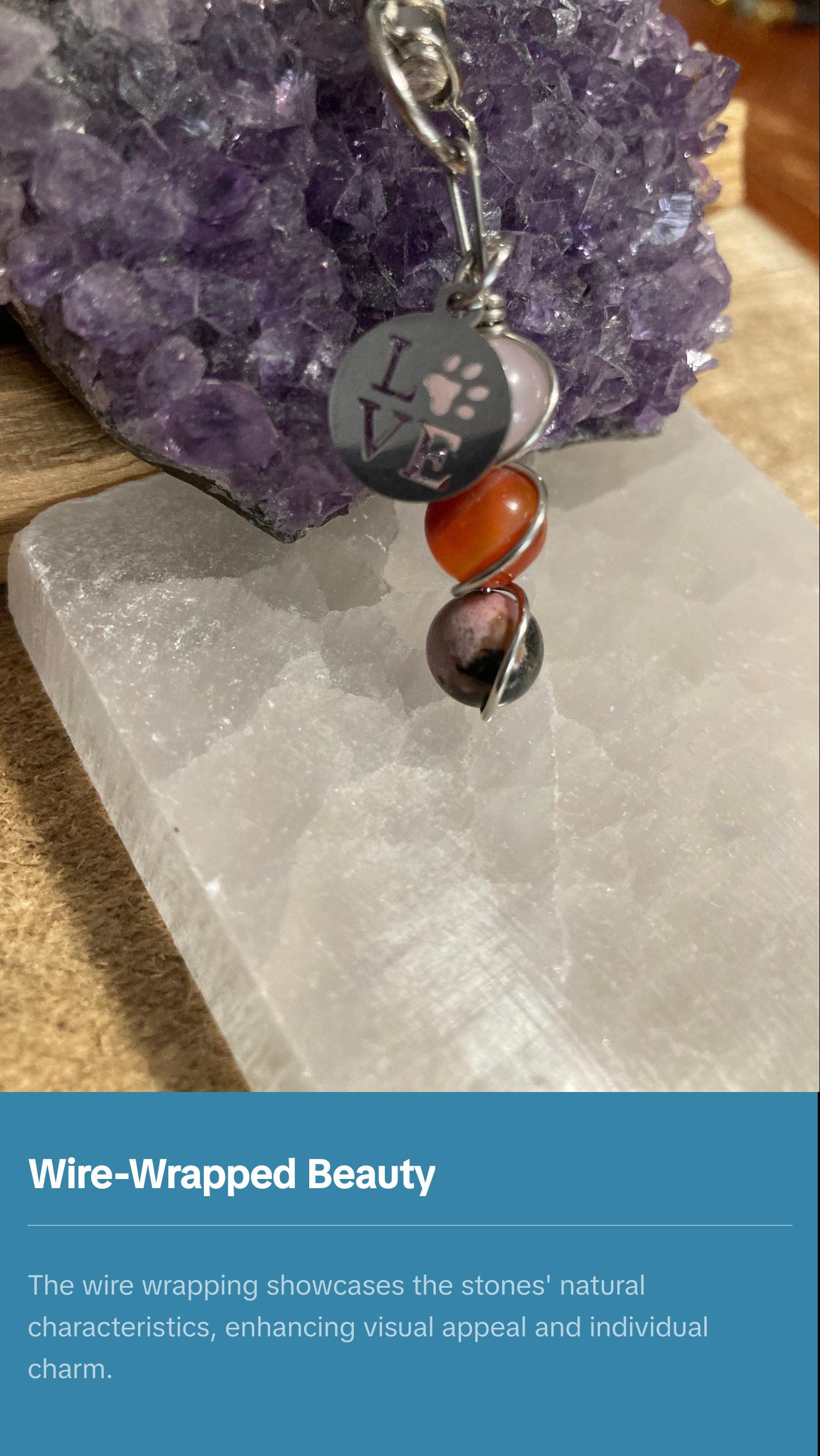 Crystal Healing Pet Charm for Dog Harness or Cat Collar - Rose Quartz - Carnelian - Rhodonite - Key chain