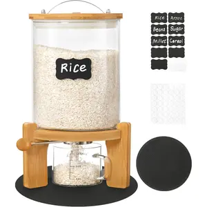 3L 5-7 lbs Glass Rice Dispenser with Wooden Stand, Airtight Bamboo Lid Flour & Cereal Storage Container with Glass Measuring Cup Labels Slider Mat for Pantry Food Organization