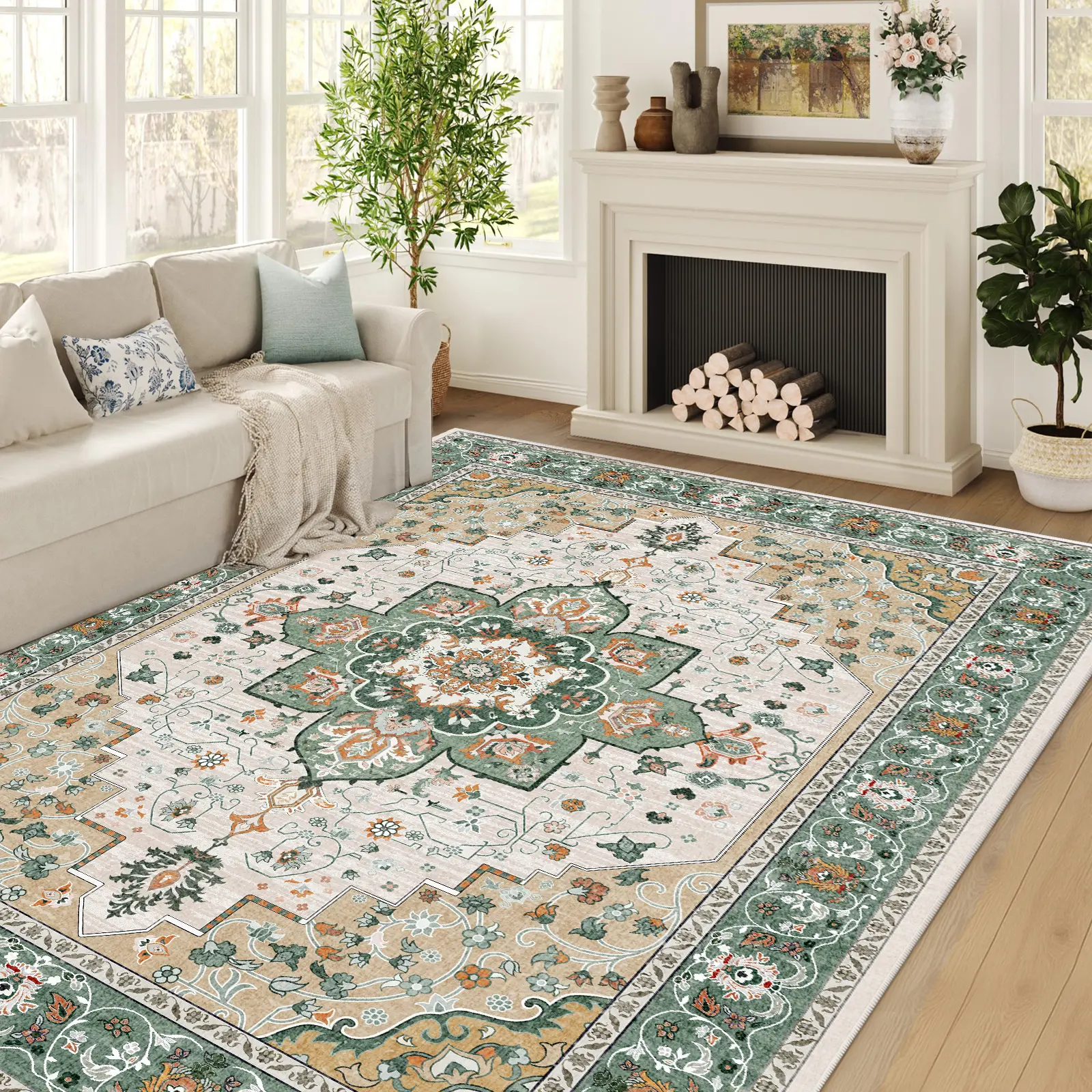 NESTFIELD Soft Area Rug for Living Room & Bedroom - Green One-Piece Glue-Free Weaving Technology Machine-Washable Kids & Pets Safe Eco-Friendly Rug（5*7）