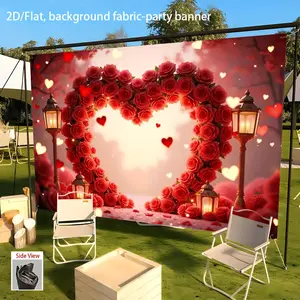 1pc Romantic Rose Heart Arch Party Banner - 2D/Flat Polyester Fabric Backdrop with Red Roses & Heart Accents for Weddings, Birthdays, Midsummer Festivals, and Home Decor, Romantic Event Decor | Floral Pattern