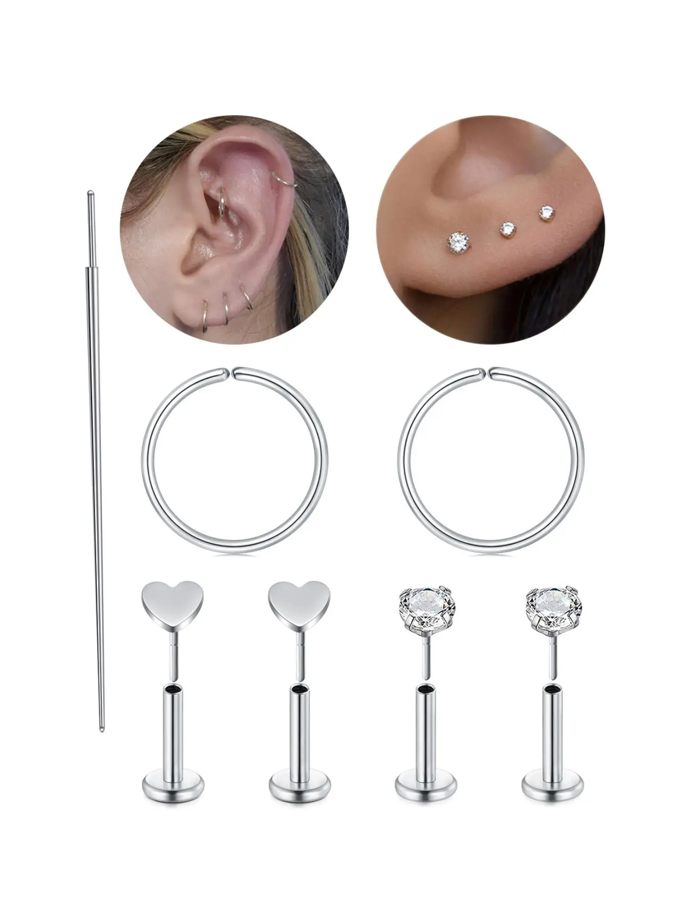 Stainless Steel Cartilage Earring Set, Threader Earrings, Cute Flat Back Push Pin Studs for Tragus/Helix/Conch, Dainty Threadless Jewelry for Women & Girls