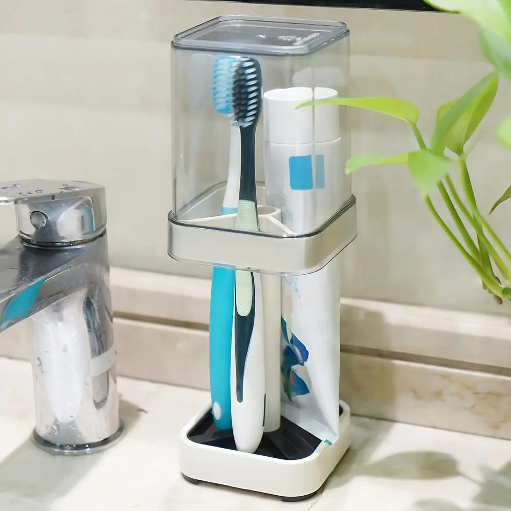 Bathroom 3-Slot Toothbrush Holder with Cup & Cover, Compatible with Conventional/Electric Toothbrushes, Stores Toothpaste, Floss, Razors for Family Counter Organization