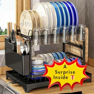 2 tier Dish Drying Rack 1 Piece Large Capacity Dish Organizer with Drainboard, 2 Layers Dish Rack, Foldable Kitchen Cutlery and Utensils Organizer