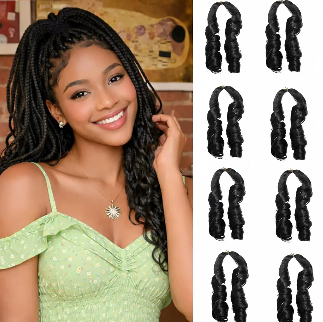 8 Packs French Curly Braiding Hair Curly Crochet hair Synthetic hair extensions Loose Wavy  Black Bouncy Braiding Hair Extensions Synthetic Box Braids Foxtail Braids for Black Women Glueless Kinky Straight Hair Weave