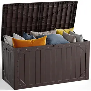 100 Gallon Outdoor Storage Box, Waterproof Resin Deck Box Organizer for Patio Cushion Storage, Lockable Outside Container for Garden Tools