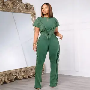 summer autumn clothes 2025 New Fashion Fringe Short Sleeved T Shirt Women Suit Slim Fit Wrap Buttock Tight Fitting Trousers Female two piece Set Womenswear Check Light Basic Black Crewneck Gamis Minimalist Shortsleeve