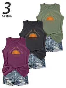 Women's  Round Neck Sun Printed Tank Sleeveless Top, Casual Sleeveless Top for Summer, 3 Pieces Tanks Ladies Clothes for Daily Wear