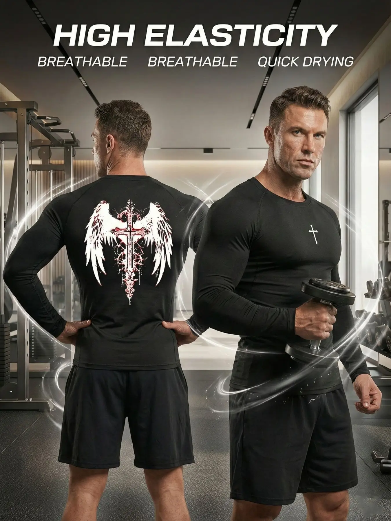 Men’s Stylish Compression Long Sleeve T-Shirt, Cross and Angel Wings Graphic Performance Base Layer, High Elastic Breathable Sports Top for Gym, Running, Streetwear & Casual Active Style