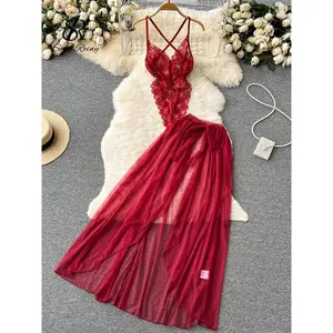 Women Lace Sexy Two Pieces Suits Strap Backless Sensual Bodysuits+Mesh Long Skirt Sheer Erotic Underwear Nightwear