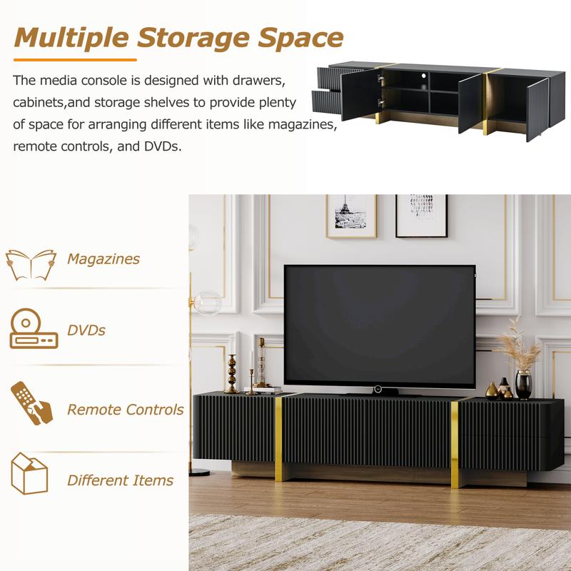 Bellemave]ON-TREND Luxury Fluted TV Stand for TVs Up to 80'', Modern Entertainment Center with Storage Cabinets & Drawers, Smooth Media Console with Golden Wood Grain Legs for Living Room, Black