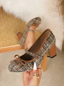 Spring summer styles, single strap with pin buckle for easy wear, bowknot, woven round toe, thick heel, rubber sole, retro, fashionable, elegant, available in pink and brown, women's Mary Jane high heels,weddings/parties/Autumn/Winter/Christmas/Work/Date