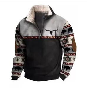 Men's Aztec Graphic Pullover Half-Zip Sweatshirt with Front Pocket - Sweaters, Menswear Casual Long Sleeve Cotton Athletic Collared Hoodie