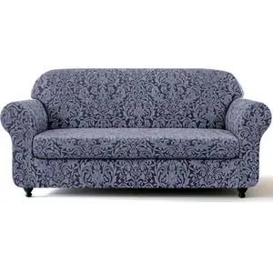 2 Piece Couch Covers, Damask 3 Sofa Cover with Seat Cushion, Stretch Sofa Slipcovers Non Slip Furniture Protector for Dogs Pets (Large, Grey)