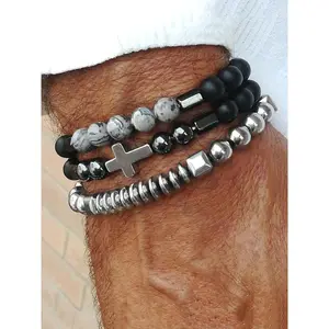 Men's Street Trend Beaded & Cross Charm Bracelets, 3pcs/set Trendy Minimalist Matching Bracelets, Chic Hip Hop Vintage Jewelry As Gift for Boyfriend, Stackable Bracelets, Mix Bracelets, Bangles Bracelets Set, Exquisite Bracelet