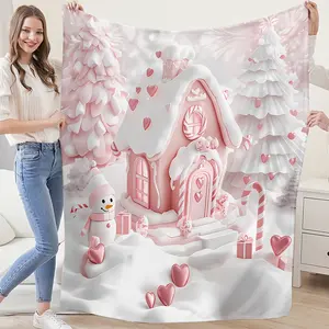 Christmas Pink Gingerbread House Throw Blanket Cartoon Snowman & Tree Design, Machine Washable, All-Season Multipurpose Digital Print Ideal for Bed, Couch, Home Decor & Xmas Gifts