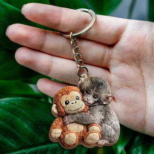 Viral Baby Punch Monkey Wood Keychain, Monkey & Plush Toy Gift, Emotional Gift For Animal Lovers