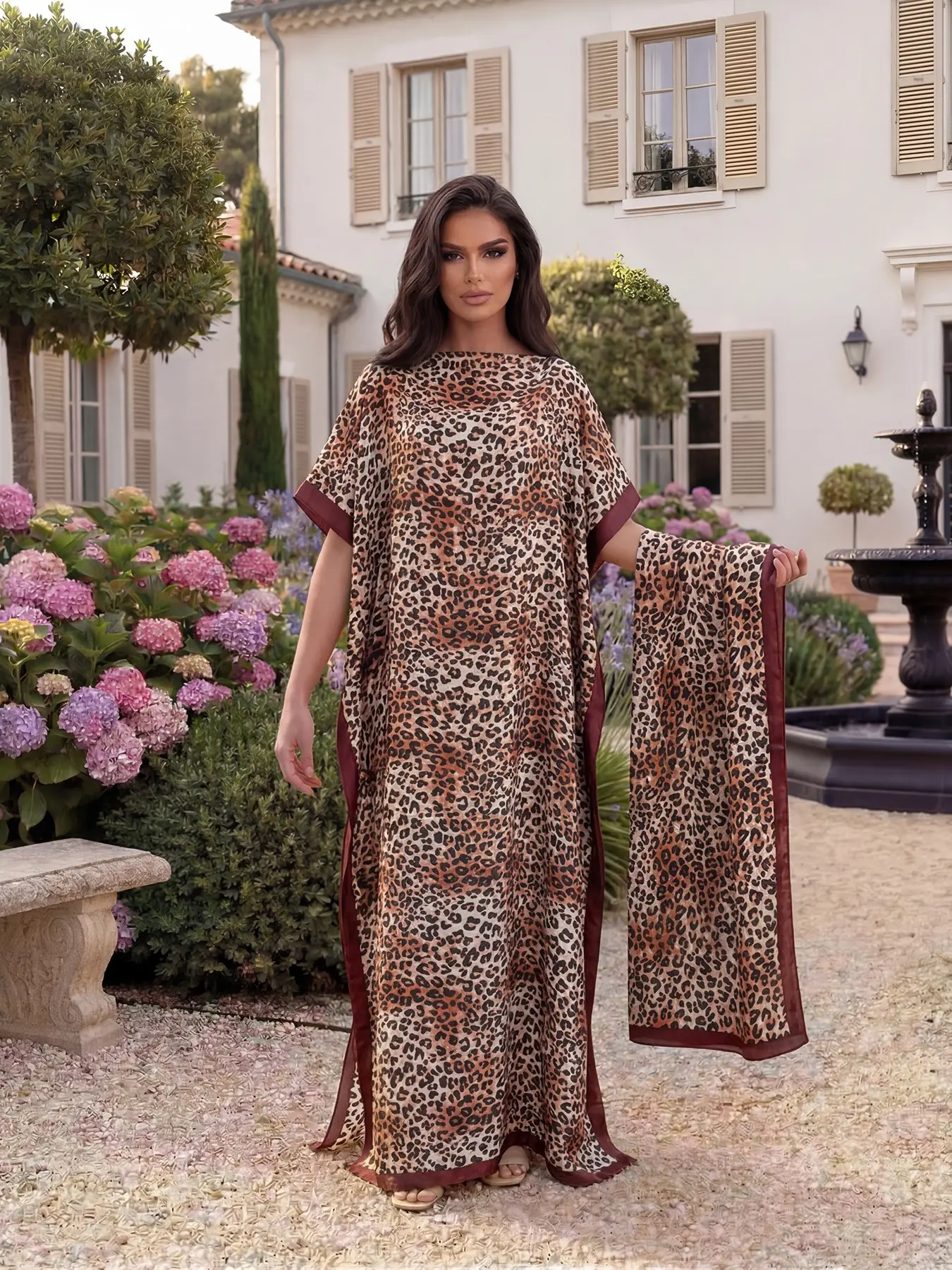 Women's Leopard Pattern Fitted Robe Set, Boho Print Dress, Boho Bohemian Casual Sexy Long Dress + Headscarf Scarf Hairband, Beach Sun Protection Satin Silk Shawl, All Seasons, Bohemian Summer Outfit