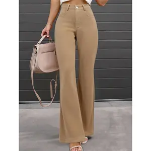 Women’s corduroy elastic bell-bottom pants, solid color high-waisted casual trousers with pockets, vintage style for spring and autumn fashion