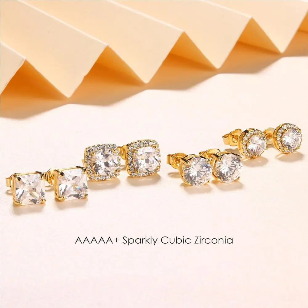 4-Pair Cubic Zirconia Stud Earrings Set for Men & Women, Assorted Round & Square Cuts with Hypoallergenic Sterling Silver Posts, Gold & Silver Tone for Everyday Wear style fashionable hoop earring stainless steel party accessory pierced princess Surgical,