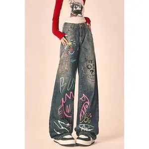 Women's American-Style Graffiti Print Straight-Leg Jeans, Streetwear Decorated Embellished Graphic Pants, Women's Bottoms