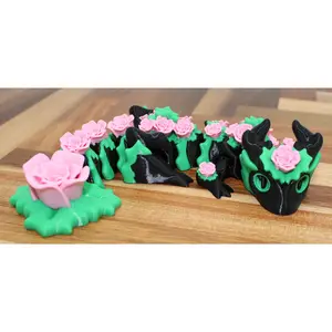 Rosethorn - Dark Elegance Dragon with Obsidian Scales & Pink Rosebuds Fully Articulated Flexible Dragon Model