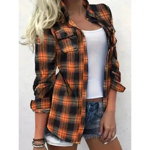 Elegant Plus Size Plaid Fitted Shirt for Women, Stand Collar Design, Non-Elastic Fabric, Autumn/Winter Pocket Details, Casual Fashion Top