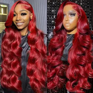Lemoda Burgundy 13x6 HD Transparent Lace Frontal Human Hair 99J Wigs 200 Density Pre-Cut / Pre-Plucked Brazilian Body Wave Lace Front Wig With Tiny Knots