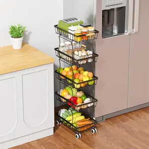 5 Tier Slim Fruit Basket for, Stackable Wire Fruit Vegetable Baskets Organizer Stand on Wheels, Produce Basket Onion Bins Rack for Pantry, Black