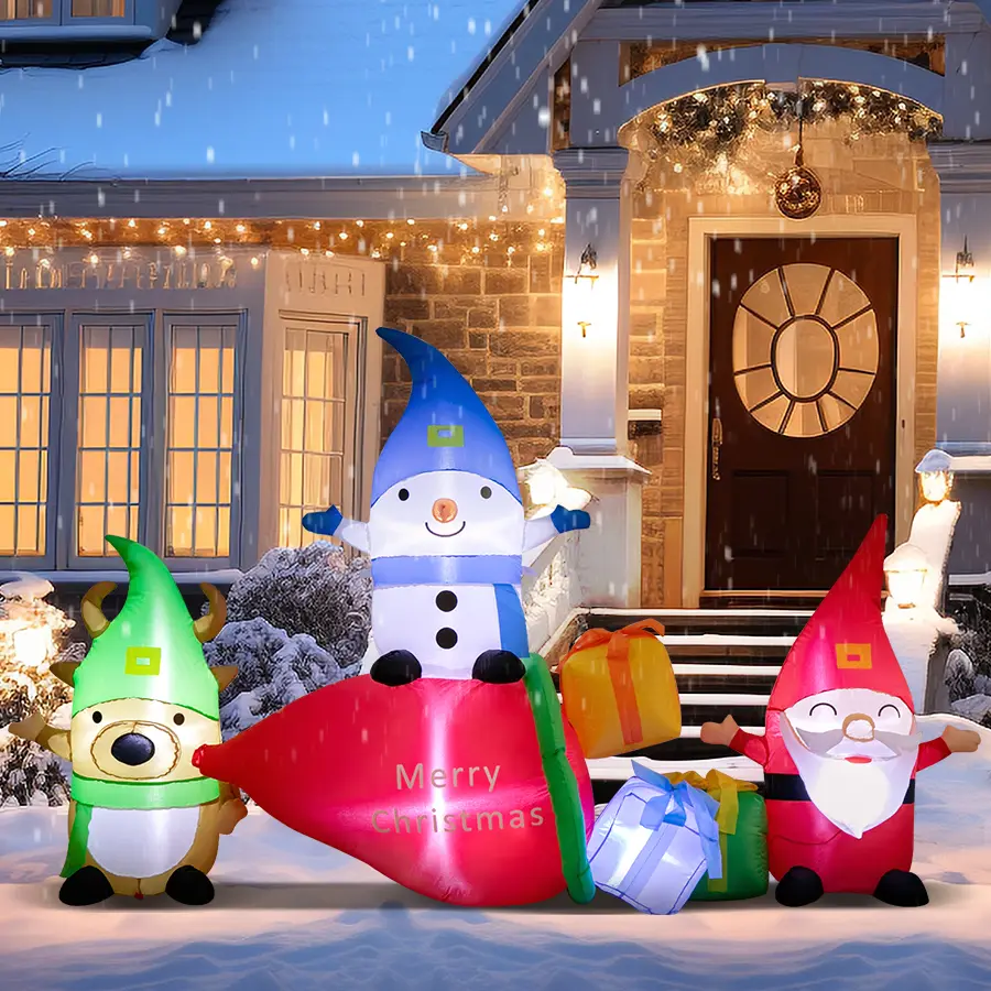 6ft Tall Outdoor Durable Santa-Claus Inflatable Decoration - PVC, Contemporary Scene, 3 Midgets, Bright LED Lights, Power Adaptor, Weather-Resistant, Floor Mount, for Lawn/Garden, Indoors, Suitable for Families, Thanksgiving, Holiday