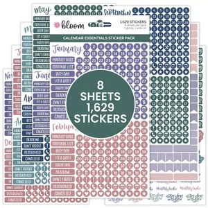 Bloom Planner Stickers Calendar Essentials Pack Jewel Tones 8 Sheets 1629 Stickers Monthly Headers Daily Numbers Heading Icons Seasonal Prompts - Sticky Labels