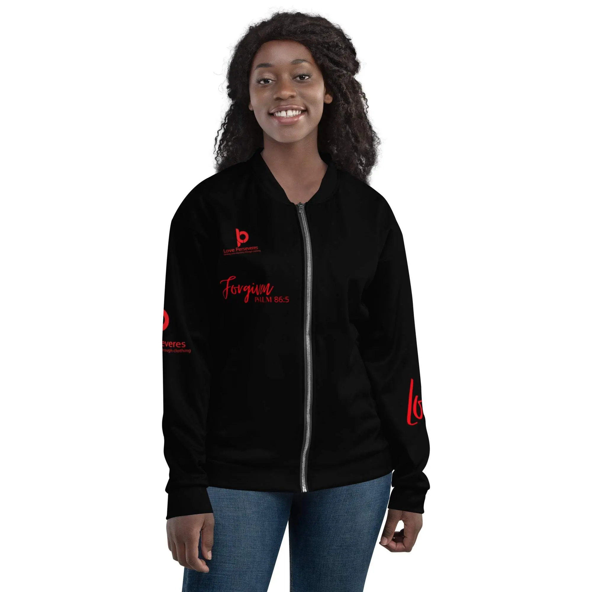 Forgiven Unisex Bomber Jacket Black Fabric Fleece Womenswear Basic Coats Fit Pockets Polyester